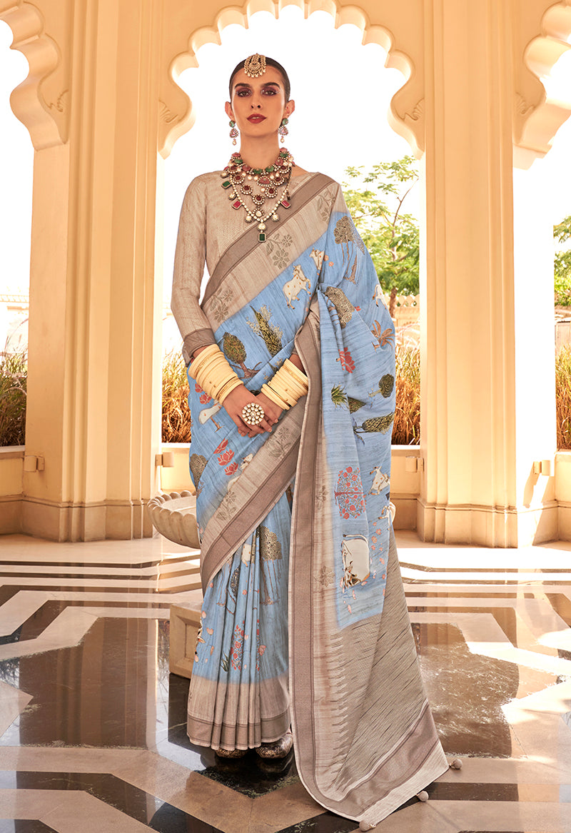 Monjolika Fashion Raw Silk Aqua Blue Foliage Prints Classic Saree