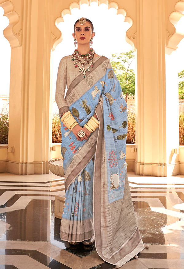 Monjolika Fashion Raw Silk Aqua Blue Foliage Prints Classic Saree