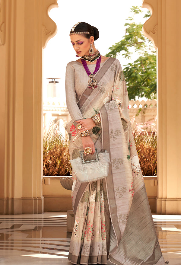 Monjolika Fashion Cream Foil Print Raw Silk Contemporary Saree