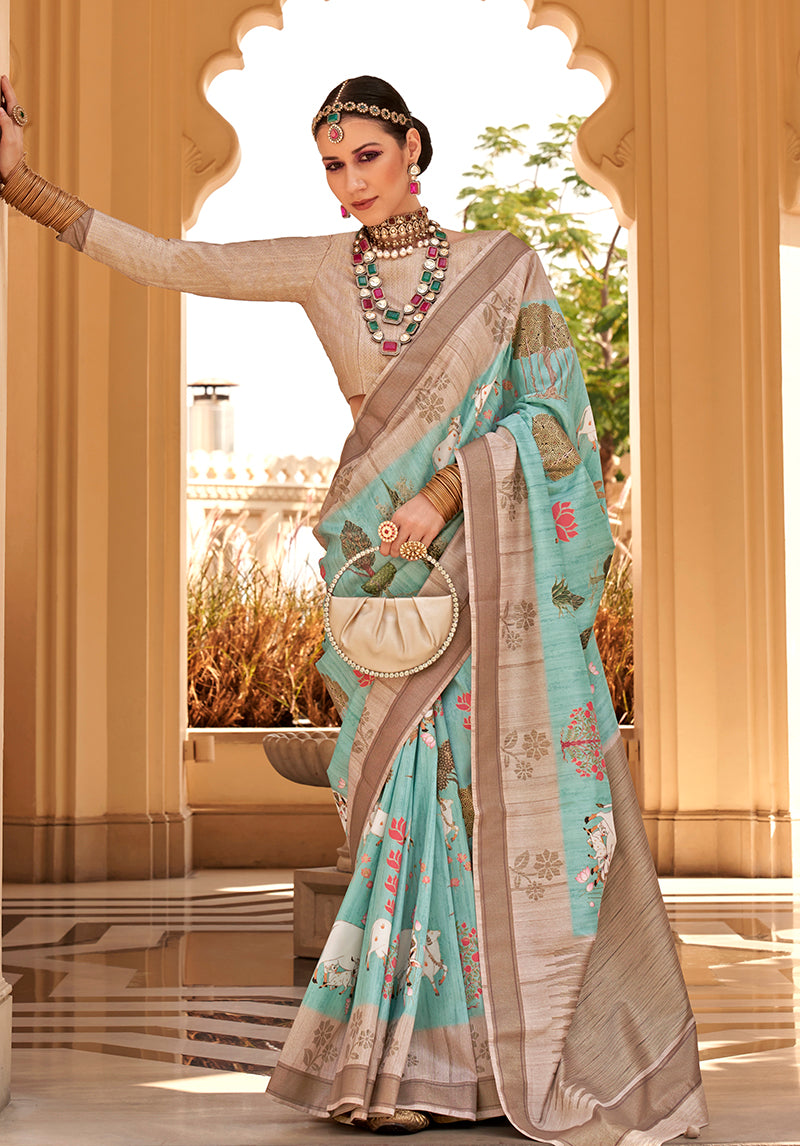 Monjolika Fashion Raw Silk Foliage Prints Turquoise Traditional Saree