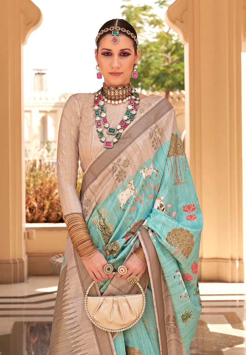 Monjolika Fashion Raw Silk Foliage Prints Turquoise Traditional Saree