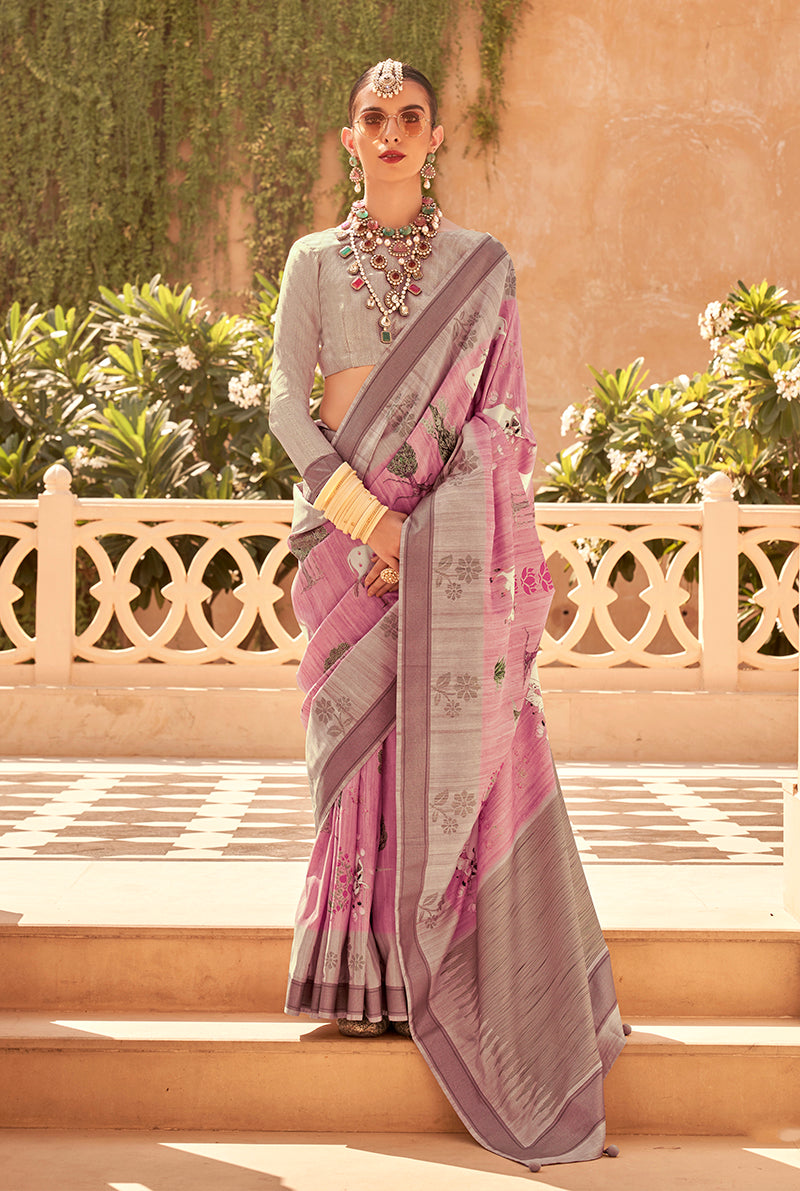 Monjolika Fashion Pink Raw Silk Foliage Prints Trendy Saree