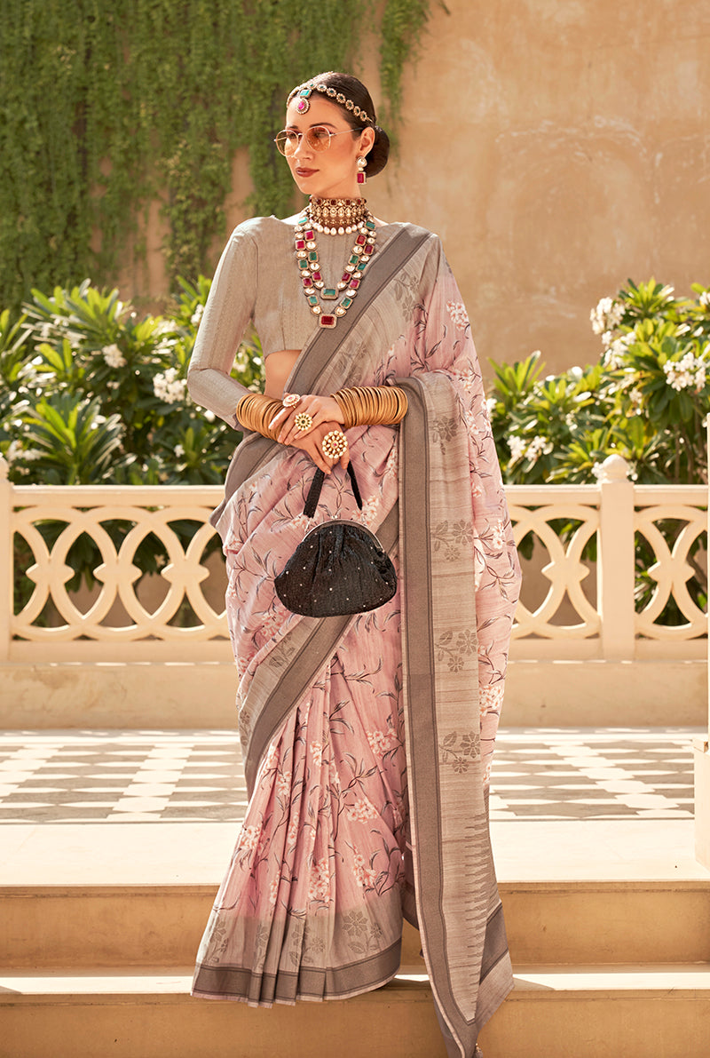 Monjolika Fashion Light Pink Foil Print Raw Silk Classic Saree