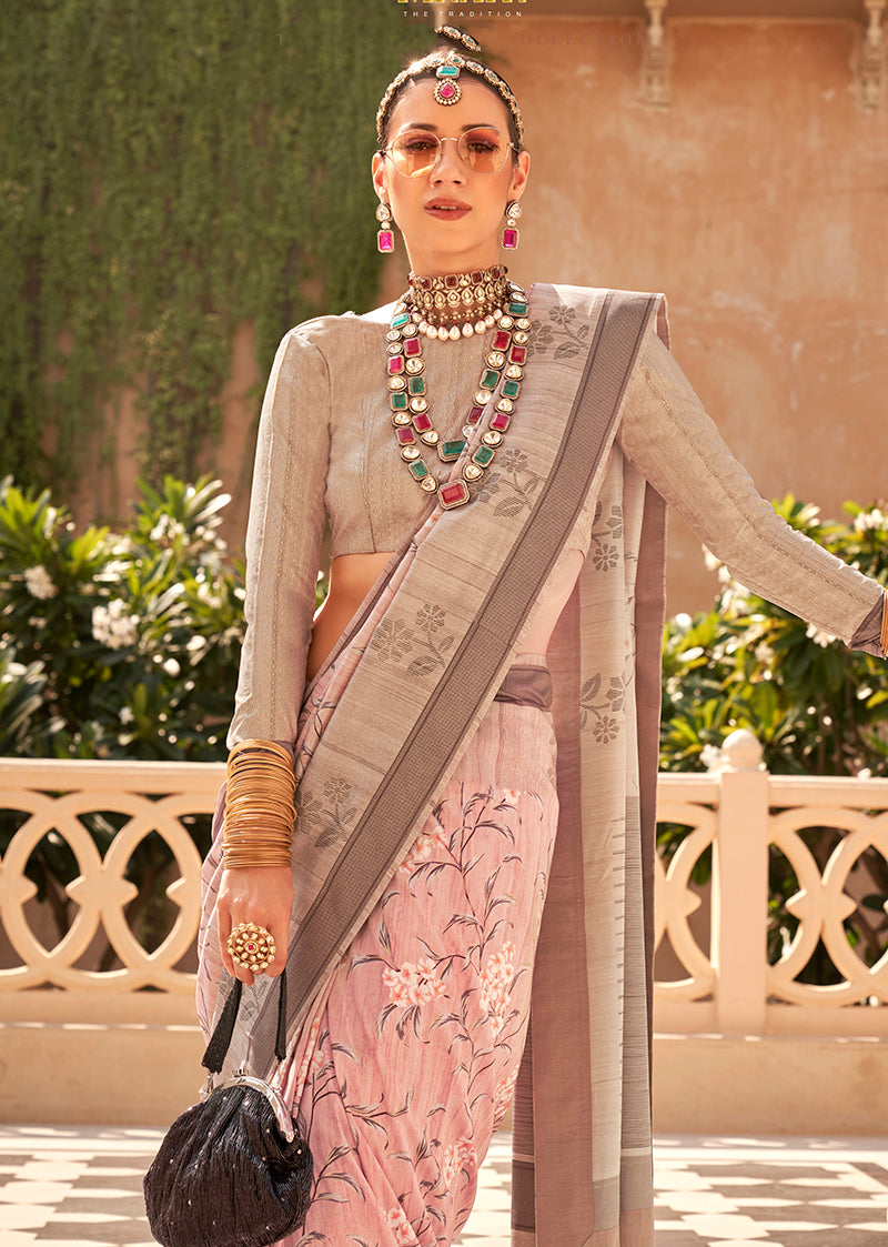 Monjolika Fashion Light Pink Foil Print Raw Silk Classic Saree