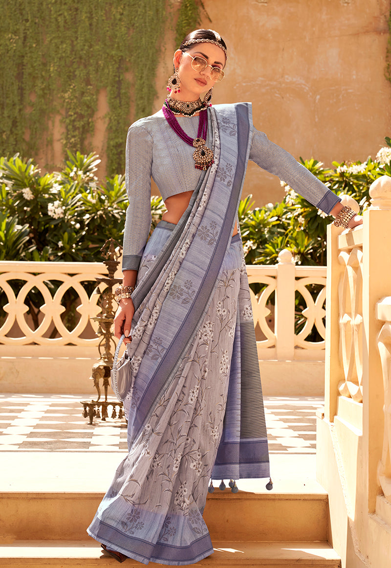 Monjolika Fashion Raw Silk Grey Foliage Prints Classic Saree