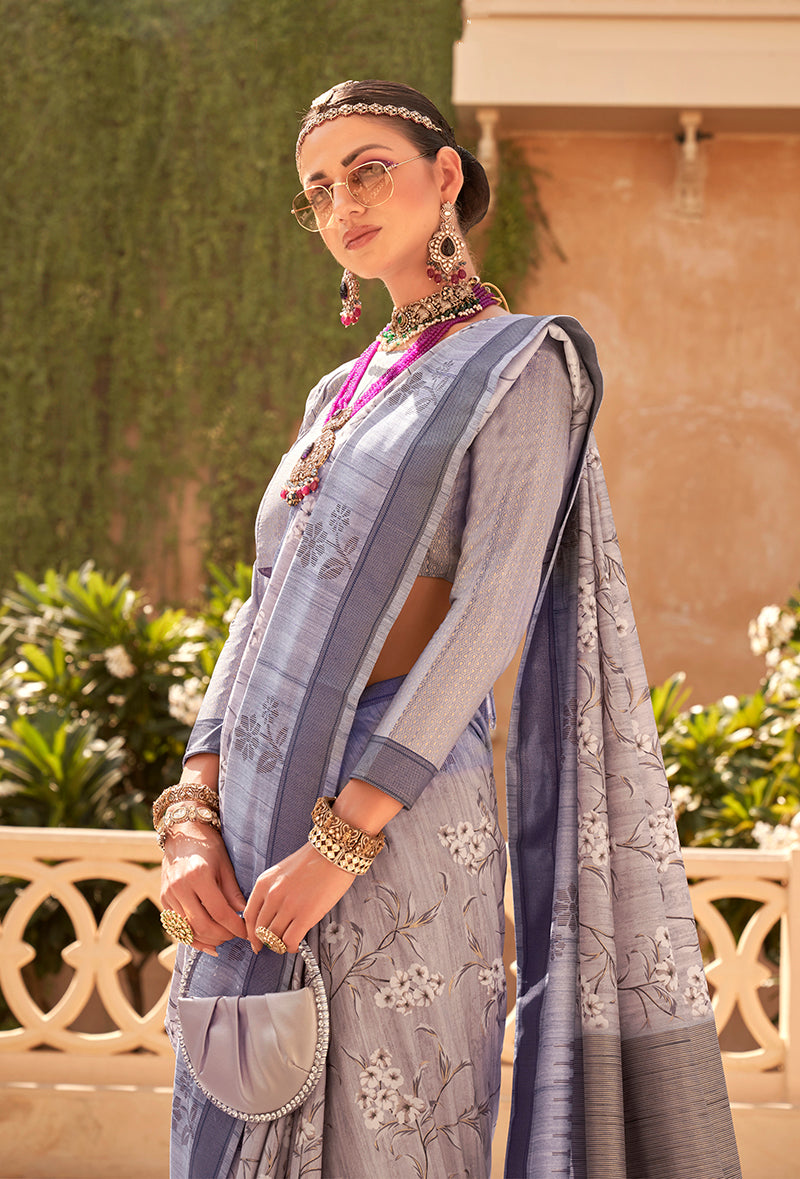 Monjolika Fashion Raw Silk Grey Foliage Prints Classic Saree