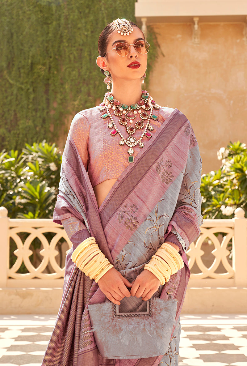 Monjolika Fashion Raw Silk Multi Colour Foliage Prints Contemporary Saree