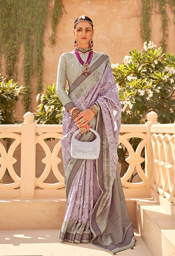 Monjolika Fashion Raw Silk Foliage Prints Lavender Traditional Saree