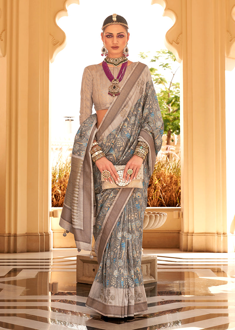Monjolika Fashion Raw Silk Foil Print Multi Colour Trendy Saree