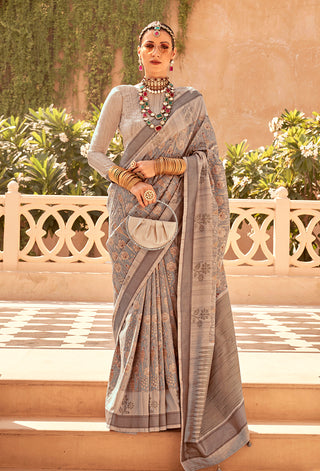 Monjolika Fashion Raw Silk Beige Foil Print Contemporary Saree