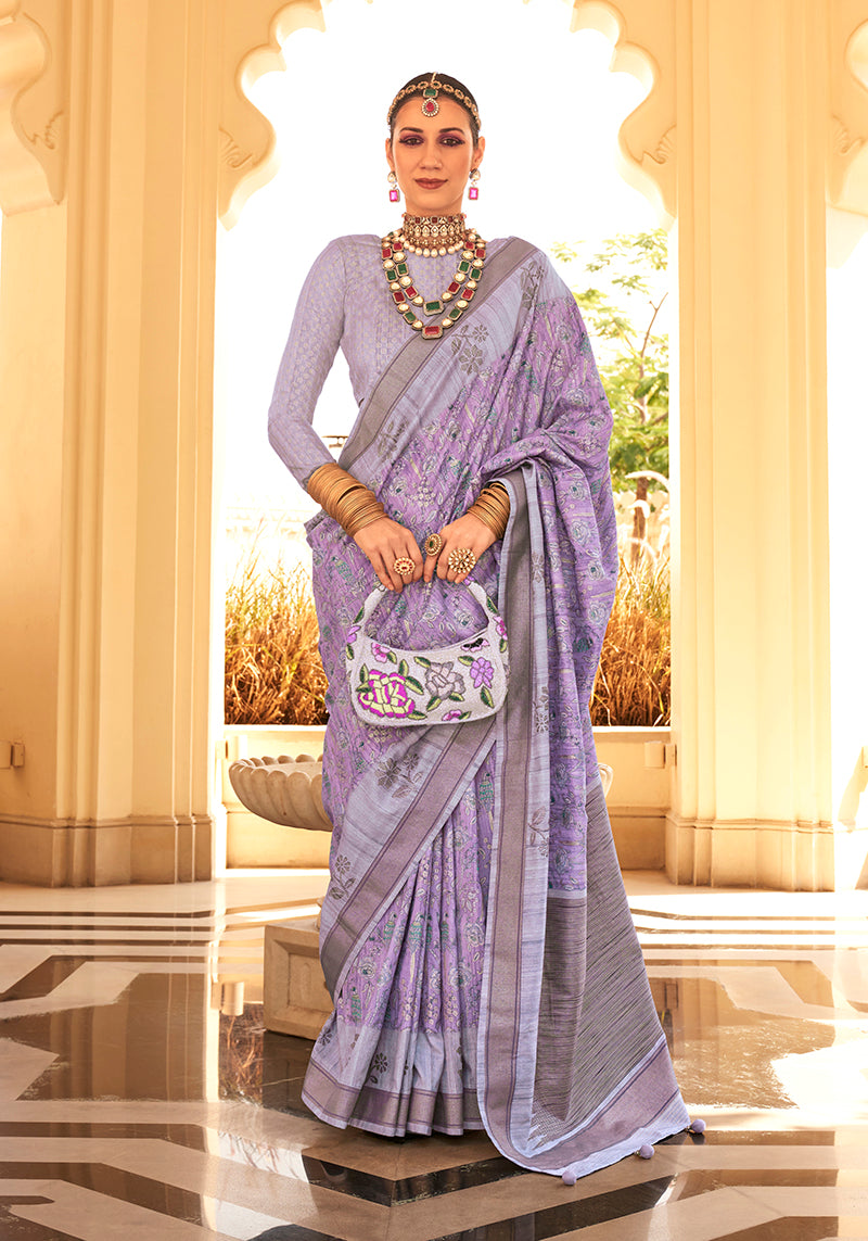 Monjolika Fashion Raw Silk Foil Print Lavender Trendy Saree
