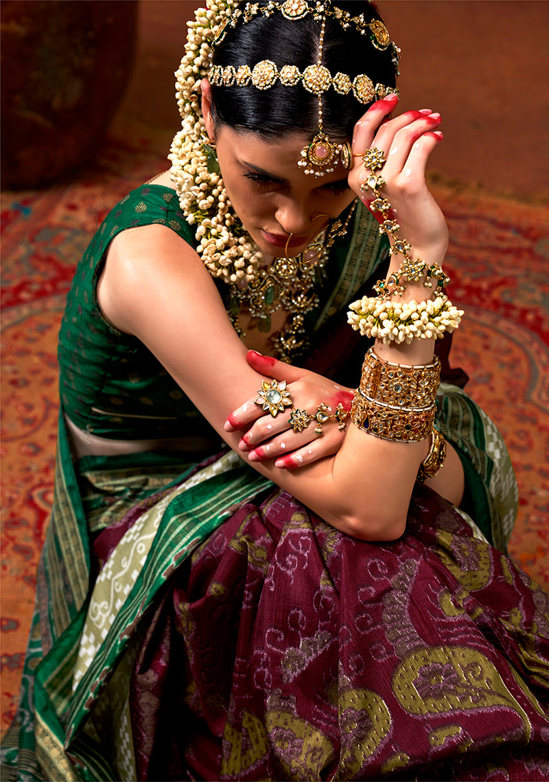 Monjolika Fashion Silk Burgundy Patola Print Classic Saree