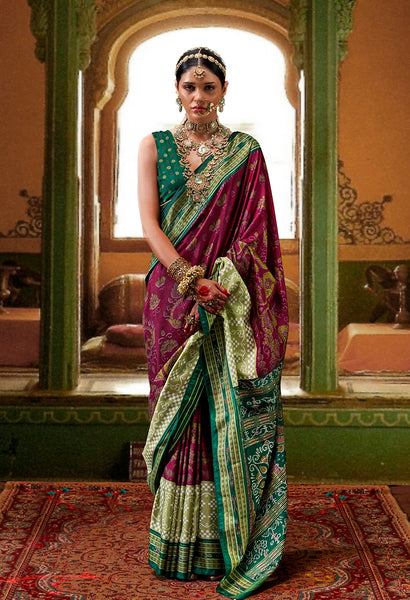 Monjolika Fashion Silk Burgundy Patola Print Classic Saree