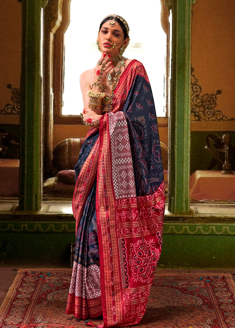 Monjolika Fashion Silk Patola Print Navy Blue Traditional Saree