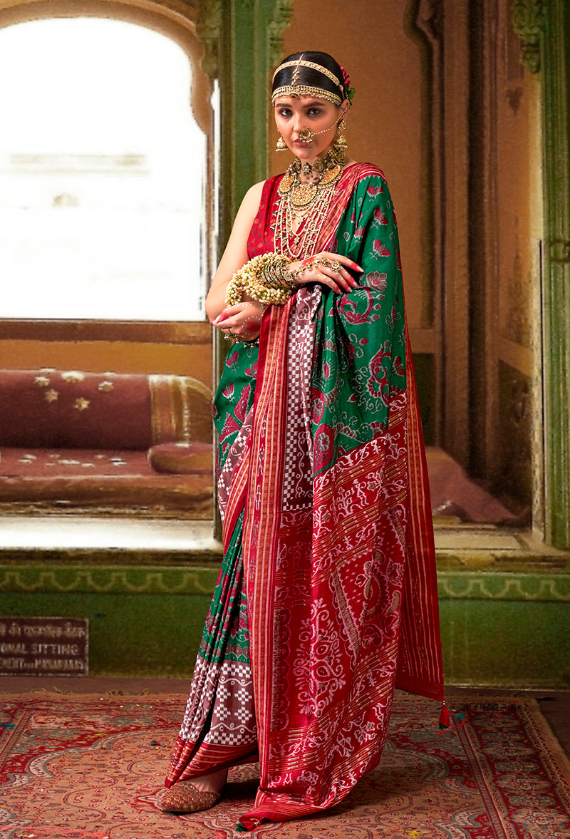 Monjolika Fashion Green Silk Patola Print Classic Saree