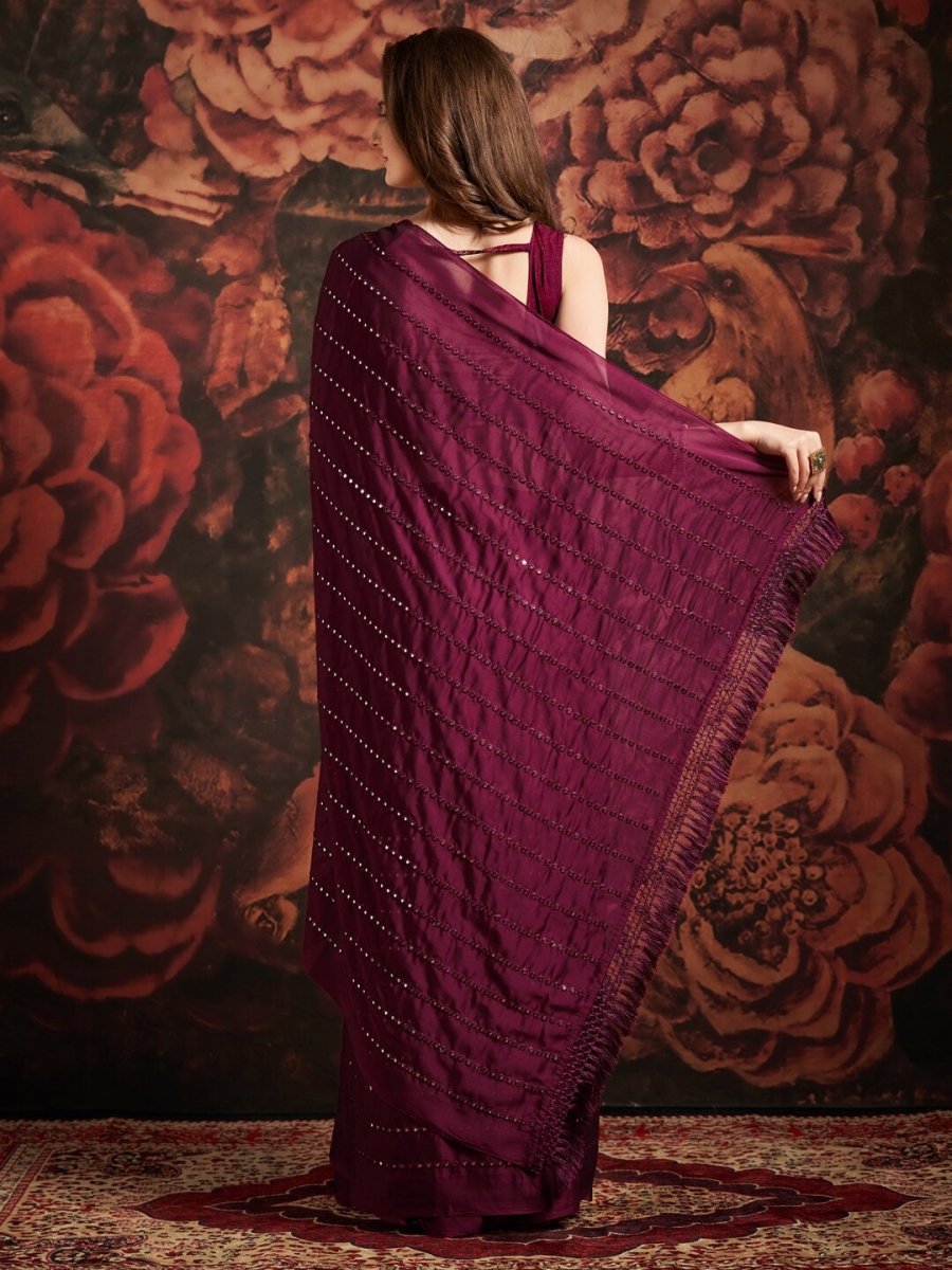 Anouk Magenta Embellished Mirror Work Pure Georgette Saree - Distacart