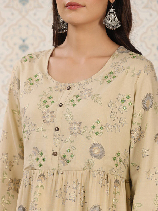 Ode by House of Pataudi Ethnic motifs Printed Mirror Work Detailed A-Line Kurta - Distacart