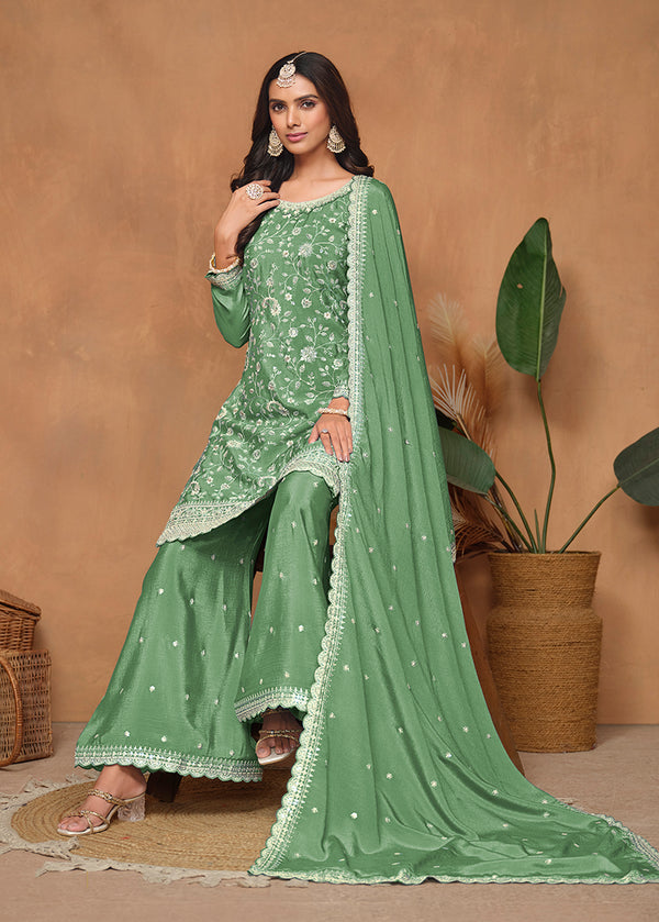 Monjolika Fashion Light-Green Color Embroidered Santoon Chinnon Salwar Suit