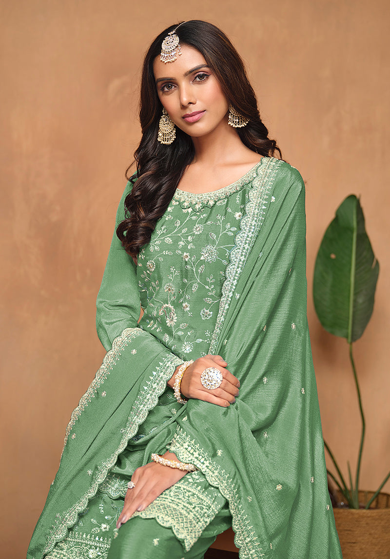 Monjolika Fashion Light-Green Color Embroidered Santoon Chinnon Salwar Suit