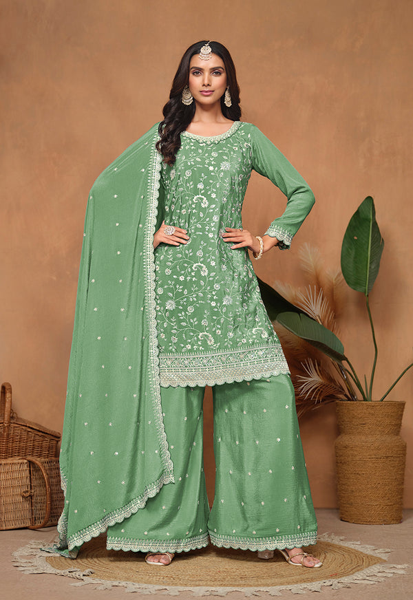 Monjolika Fashion Light-Green Color Embroidered Santoon Chinnon Salwar Suit