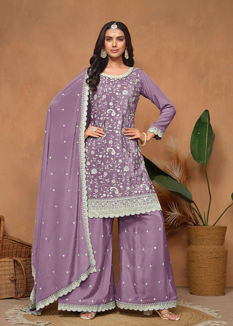 Monjolika Fashion Lavender Color Embroidered Santoon Chinnon Salwar Suit