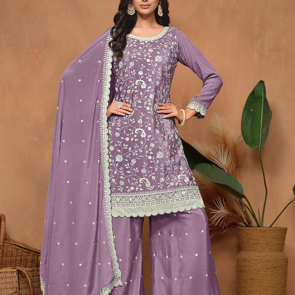 Monjolika Fashion Lavender Color Embroidered Santoon Chinnon Salwar Suit - Distacart