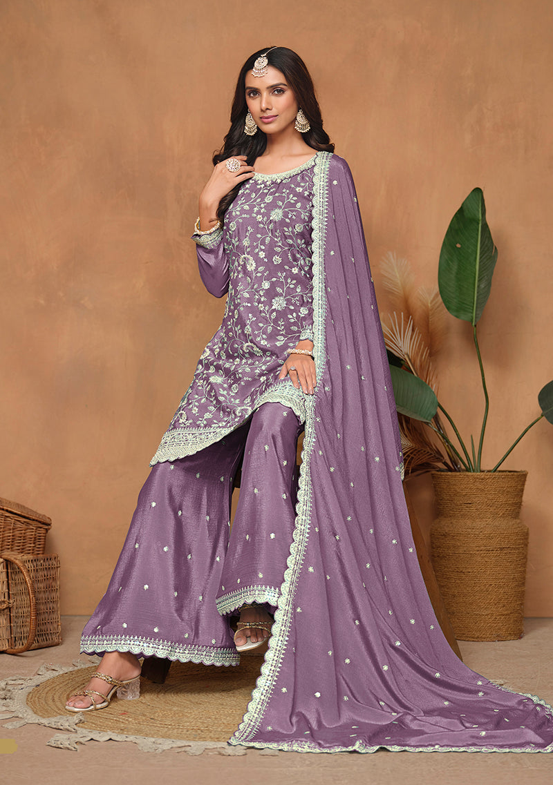 Monjolika Fashion Lavender Color Embroidered Santoon Chinnon Salwar Suit