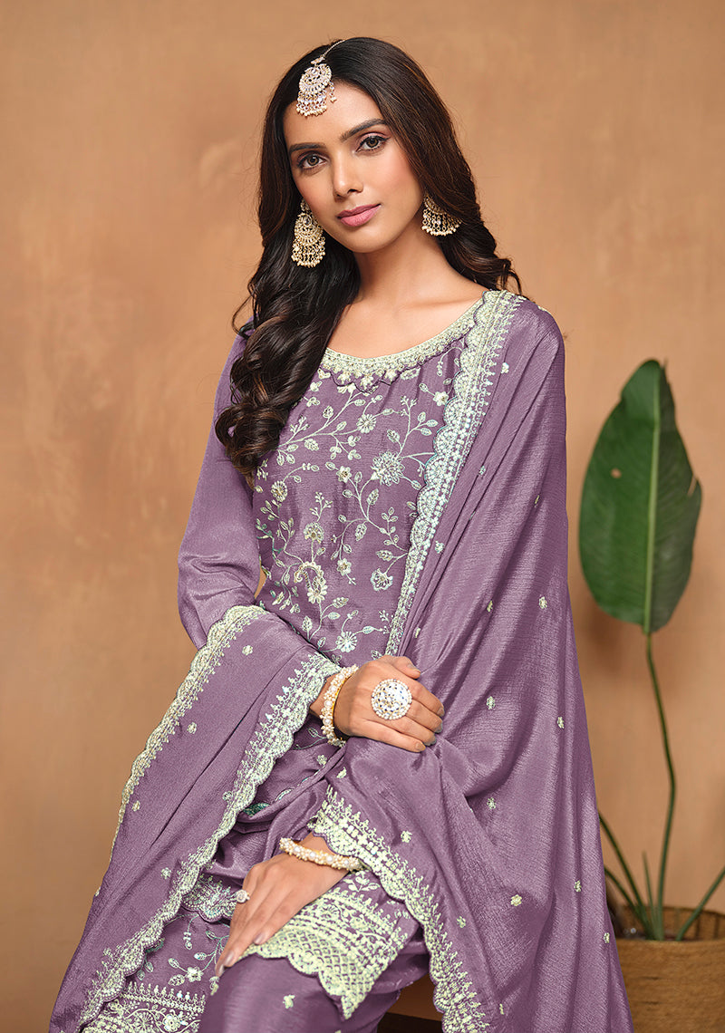 Monjolika Fashion Lavender Color Embroidered Santoon Chinnon Salwar Suit