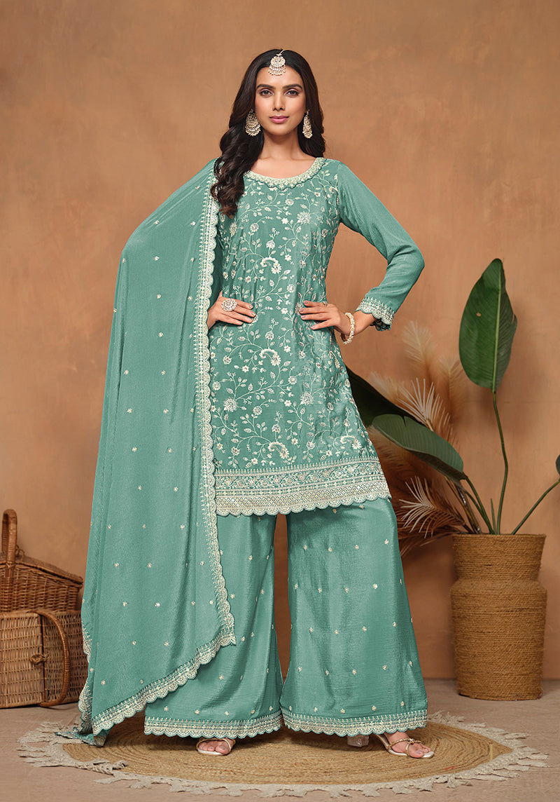 Monjolika Fashion Turquoise Color Embroidered Santoon Chinnon Salwar Suit
