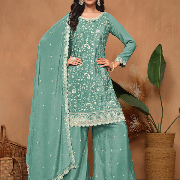 Monjolika Fashion Turquoise Color Embroidered Santoon Chinnon Salwar Suit - Distacart