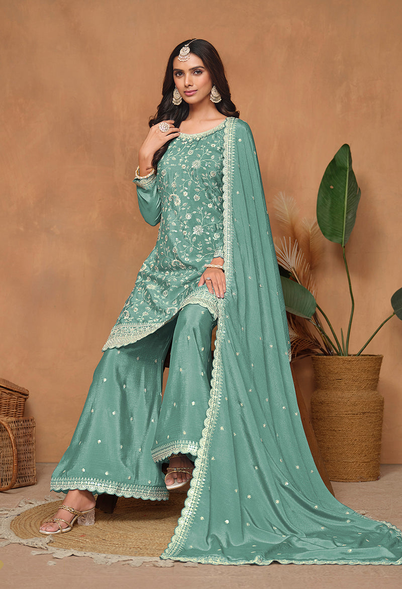 Monjolika Fashion Turquoise Color Embroidered Santoon Chinnon Salwar Suit