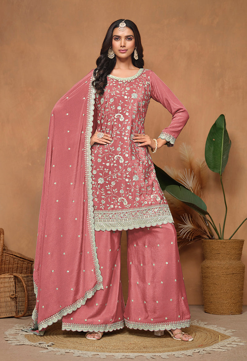 Monjolika Fashion Peach Color Embroidered Santoon Chinnon Salwar Suit