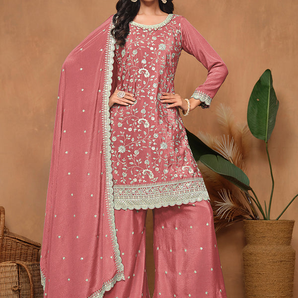 Monjolika Fashion Peach Color Embroidered Santoon Chinnon Salwar Suit - Distacart
