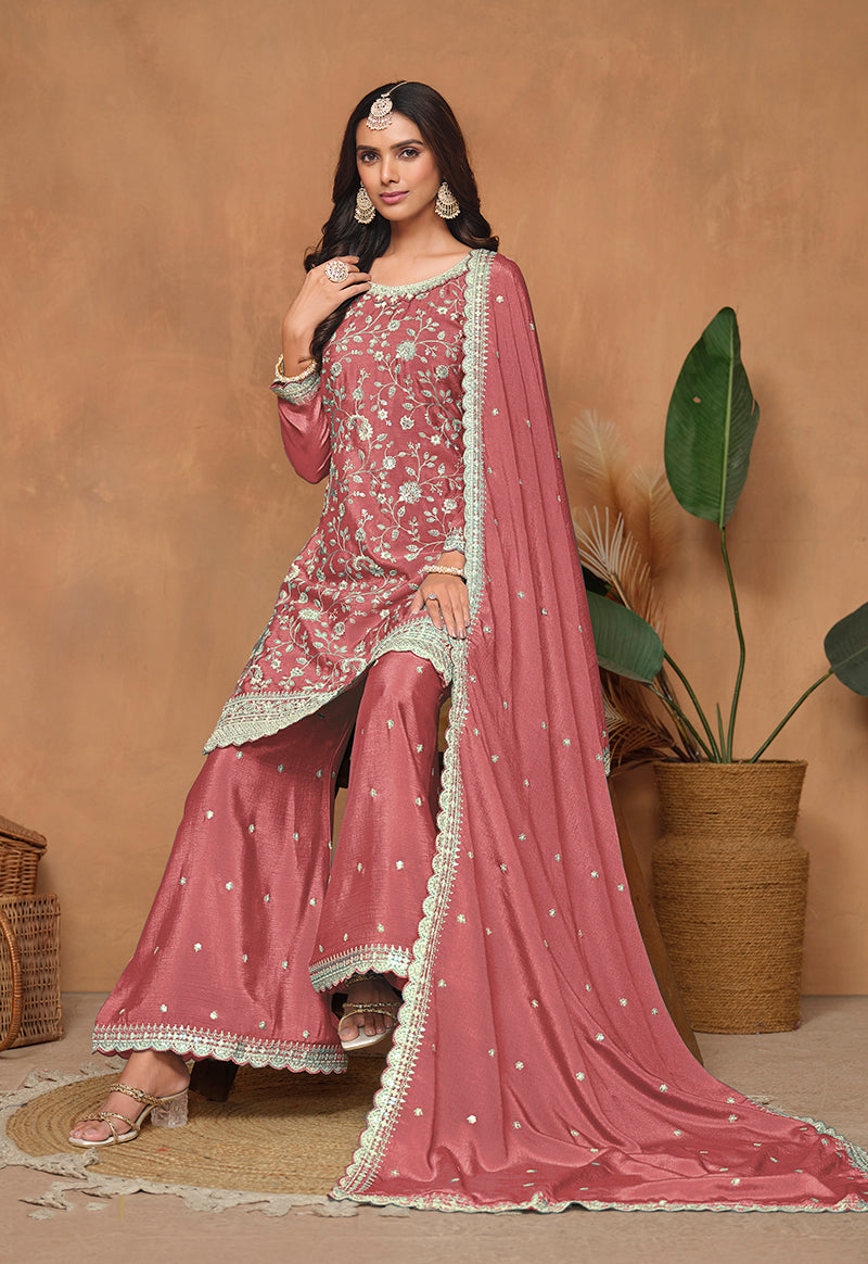 Monjolika Fashion Peach Color Embroidered Santoon Chinnon Salwar Suit