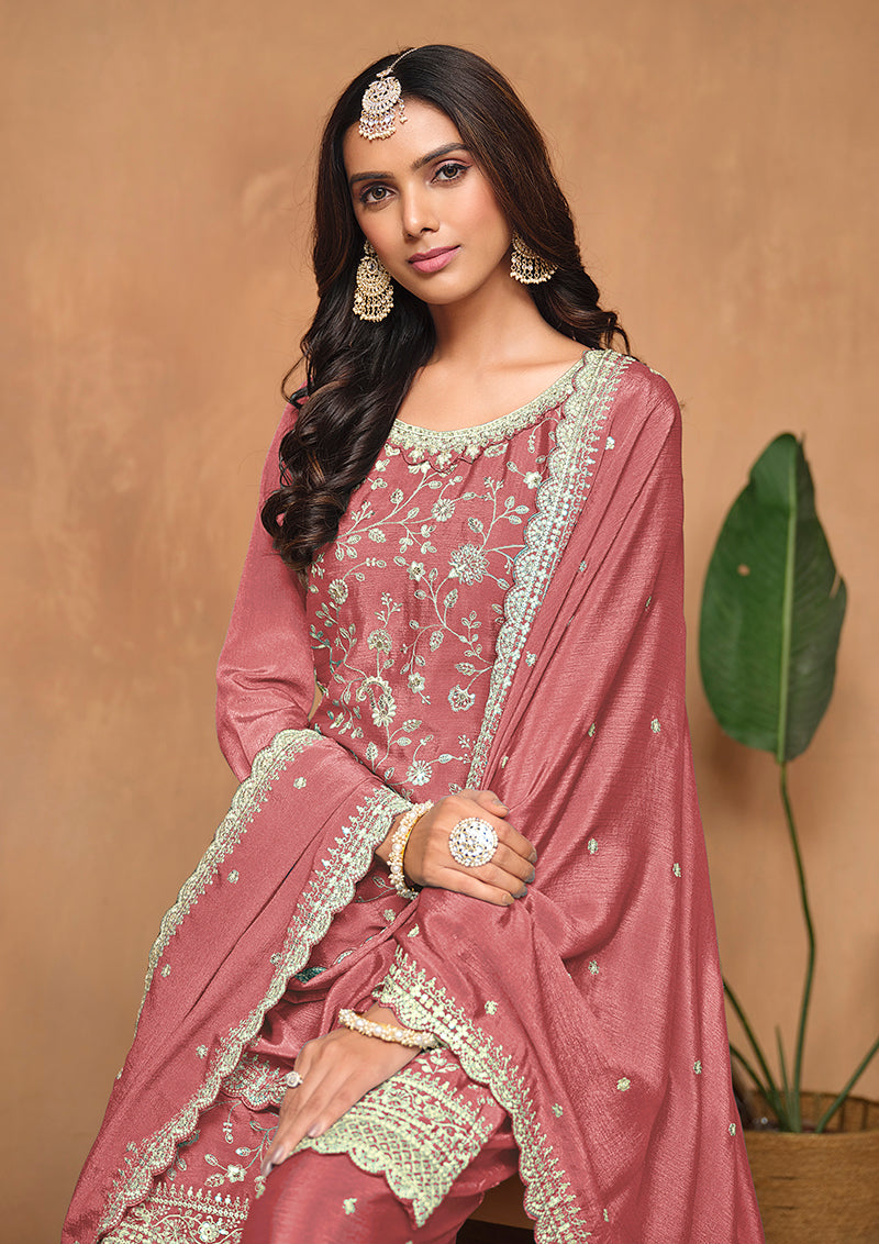 Monjolika Fashion Peach Color Embroidered Santoon Chinnon Salwar Suit