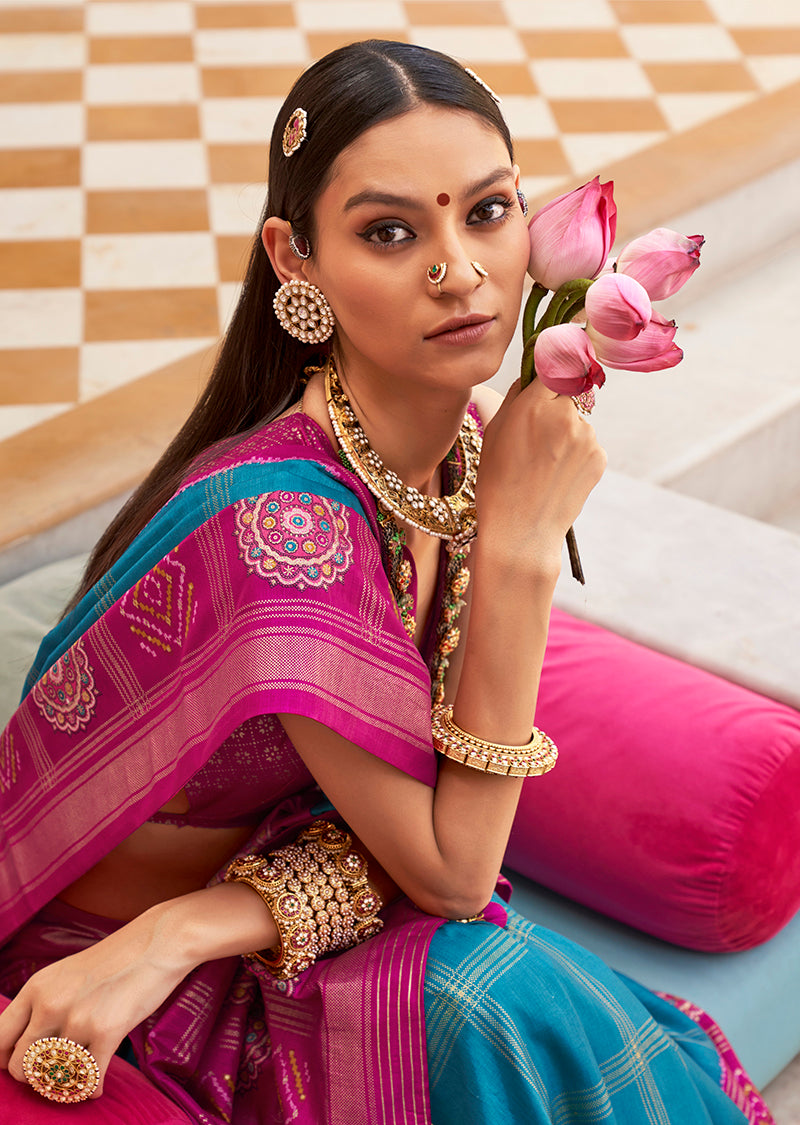 Monjolika Fashion Silk Foliage Prints Magenta Classic Patola Saree For Festival