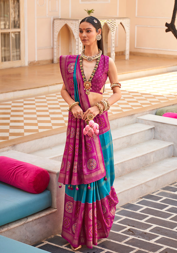 Monjolika Fashion Silk Foliage Prints Magenta Classic Patola Saree For Festival