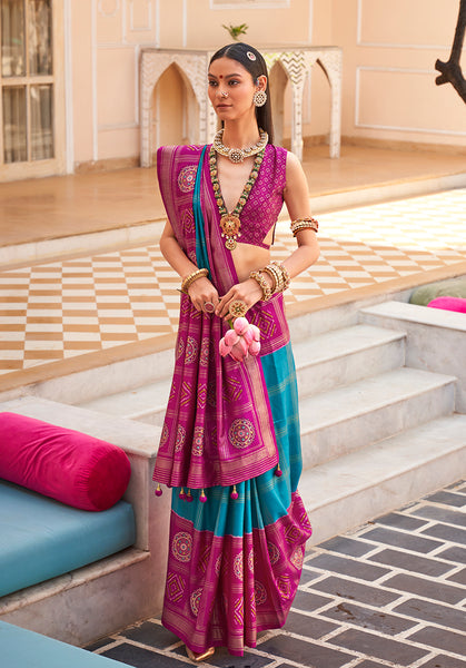 Monjolika Fashion Silk Foliage Prints Magenta Classic Patola Saree For Festival