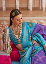 Thumbnail for Monjolika Fashion Aqua Blue Silk Foil Print Patola Contemporary Saree