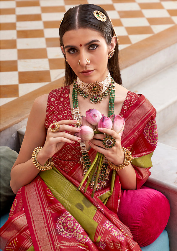 Monjolika Fashion Silk Olive Foil Print Patola Designer Saree