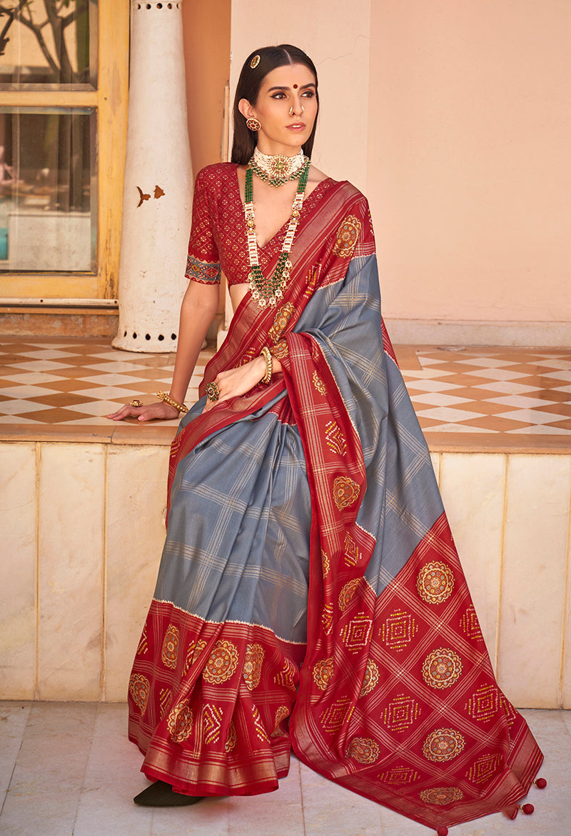 Monjolika Fashion Patola Foil Print Silk Grey Contemporary Saree