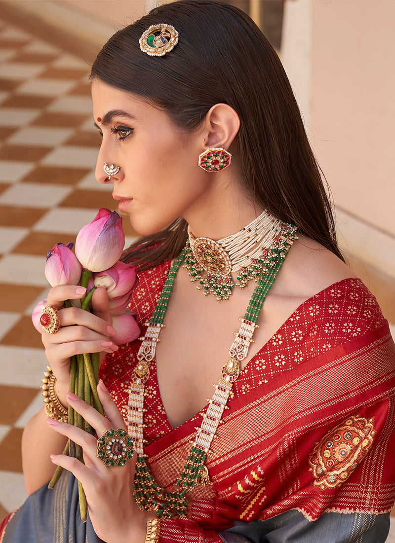 Monjolika Fashion Patola Foil Print Silk Grey Contemporary Saree