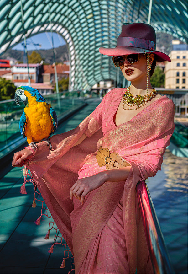 Monjolika Fashion Peach Katan Silk Weaving Zari Work Party Contemporary Saree