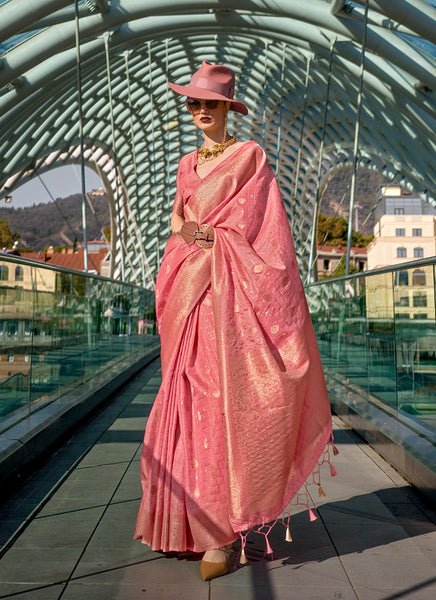 Monjolika Fashion Peach Katan Silk Weaving Zari Work Party Contemporary Saree