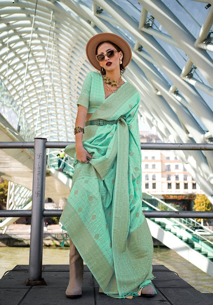 Monjolika Fashion Katan Silk Weaving Zari Work Light Cyan Traditional Saree