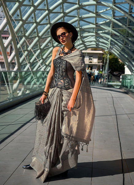 Monjolika Fashion Grey Katan Silk Weaving Zari Work Party Trendy Saree