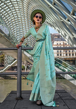 Thumbnail for Monjolika Fashion Katan Silk Aqua Blue Weaving Zari Work Trendy Saree
