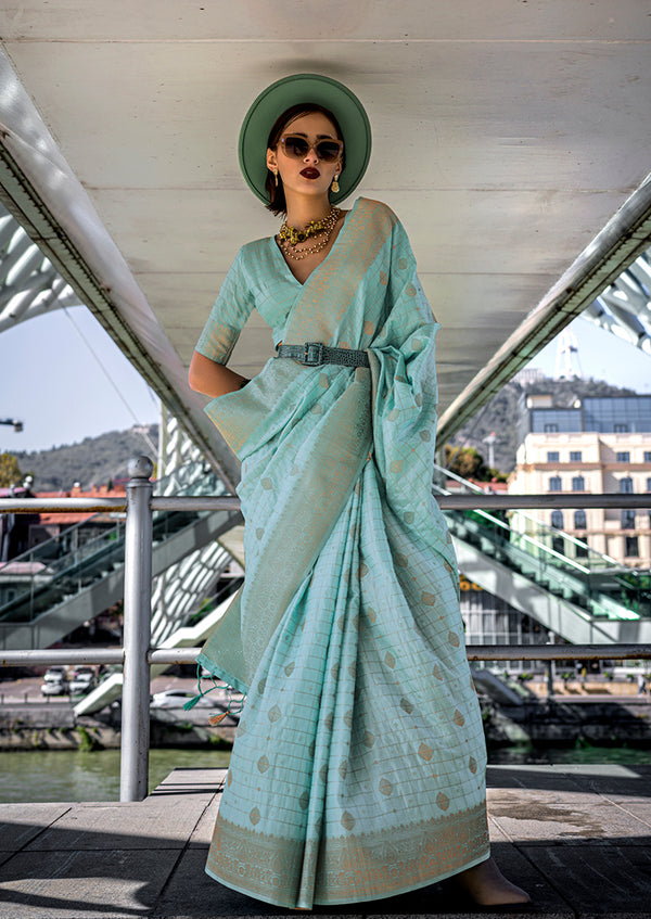 Monjolika Fashion Katan Silk Aqua Blue Weaving Zari Work Trendy Saree