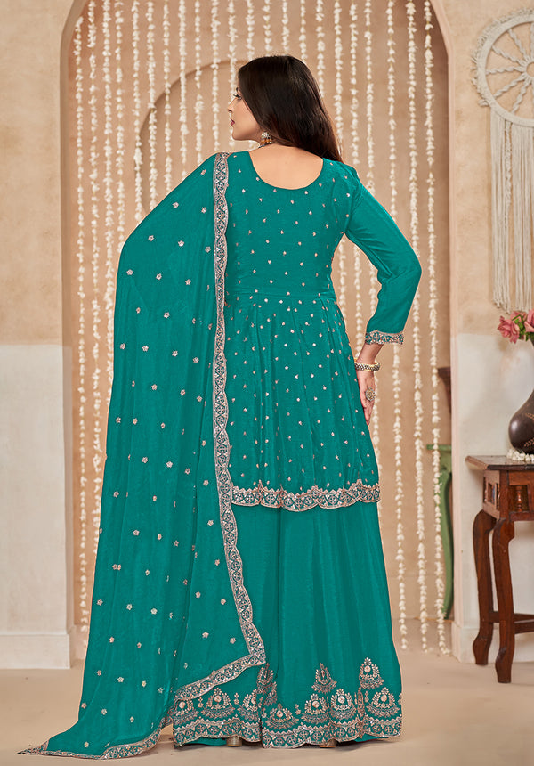 Monjolika Fashion Turquoise Color Embroidered Santoon Chinnon Salwar Suit