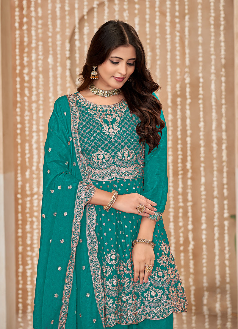 Monjolika Fashion Turquoise Color Embroidered Santoon Chinnon Salwar Suit